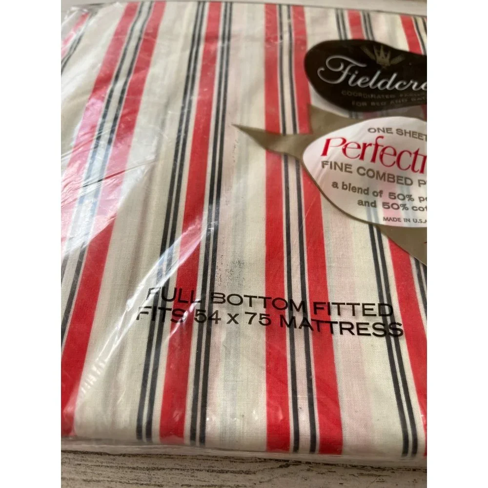 Fieldcrest NOS red/black/white striped full size sheet set vintage